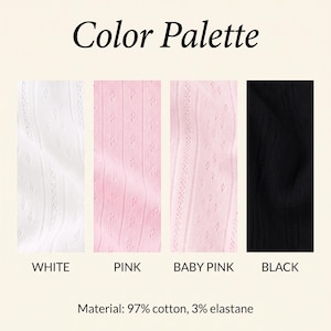May include: A color palette chart for Nuit Ch&eacute;rie featuring four fabric swatches in white, pink, baby pink, and black. Each swatch displays a vertical ribbed texture with small eyelet details. The text states: Material: 97% cotton, 3% elastane.
