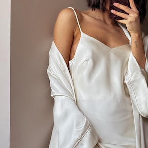 White Satin Dress, Bridal Dressing Gown, Lounge set, Maxi Slip with Long Robe image 6