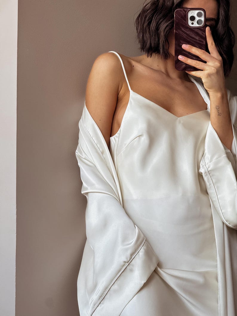 White Satin Dress, Bridal Dressing Gown, Lounge set, Maxi Slip with Long Robe image 6