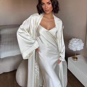 White Satin Dress, Bridal Dressing Gown, Lounge set, Maxi Slip with Long Robe image 17