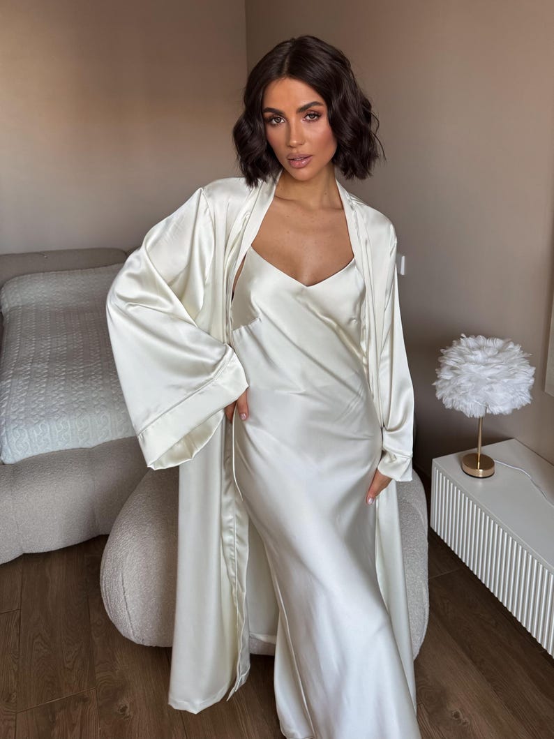 White Satin Dress, Bridal Dressing Gown, Lounge set, Maxi Slip with Long Robe image 17