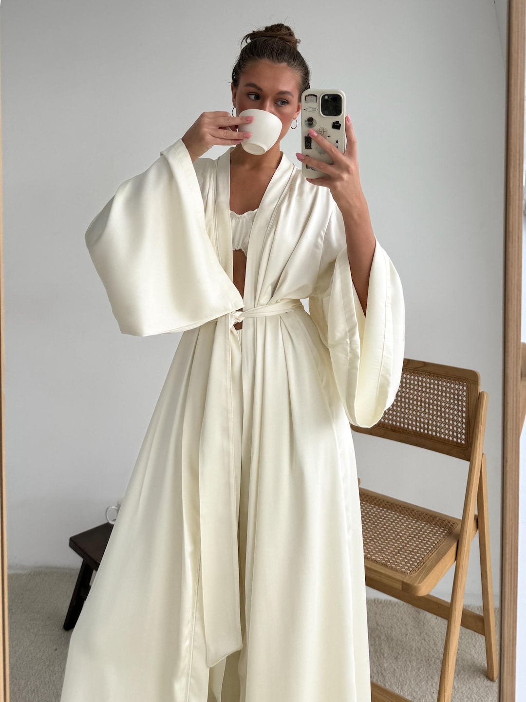 Ivory Bridal Satin Robe — Long Kimono With Wide Sleeves - Etsy