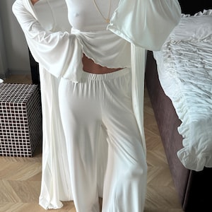 White Pajama Set for Women with Viscose Wide-Leg Pants, T-Shirt and Robe image 14