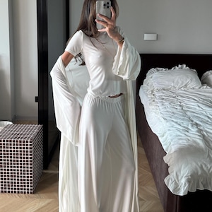 White Pajama Set for Women with Viscose Wide-Leg Pants, T-Shirt and Robe image 7