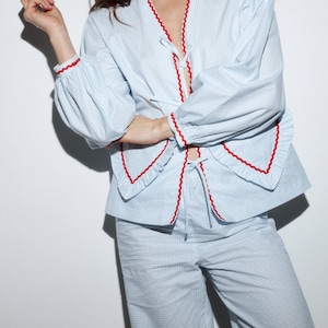 Conjunto de pijama de algodón azul: camisa con pantalón corto o pantalón. imagen 4