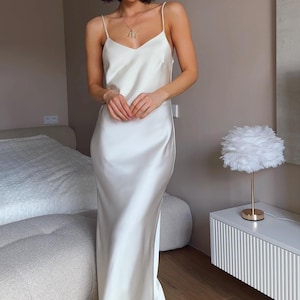 White Satin Dress, Bridal Dressing Gown, Lounge set, Maxi Slip with Long Robe image 11