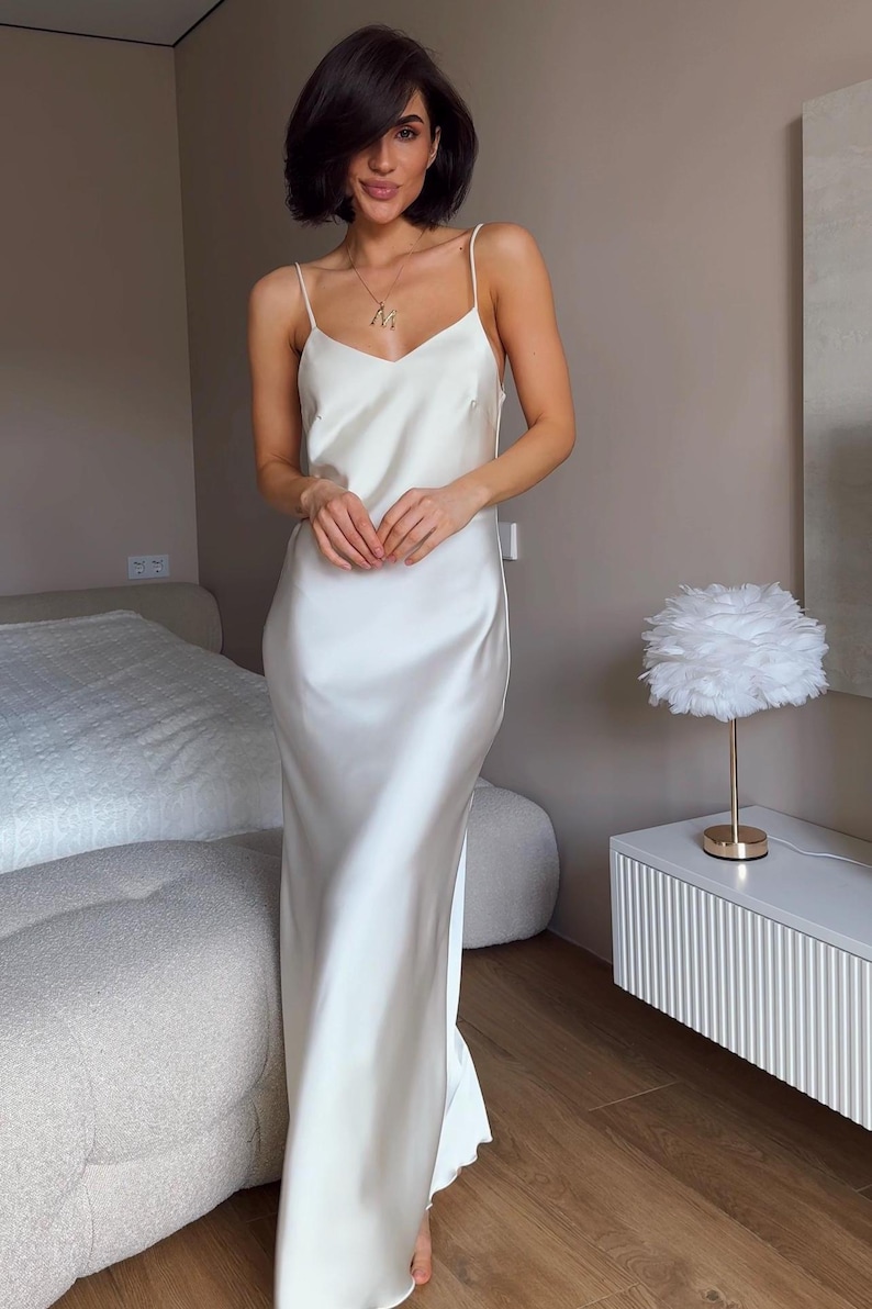 White Satin Dress, Bridal Dressing Gown, Lounge set, Maxi Slip with Long Robe image 11