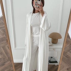 White Pajama Set for Women with Viscose Wide-Leg Pants, T-Shirt and Robe image 12