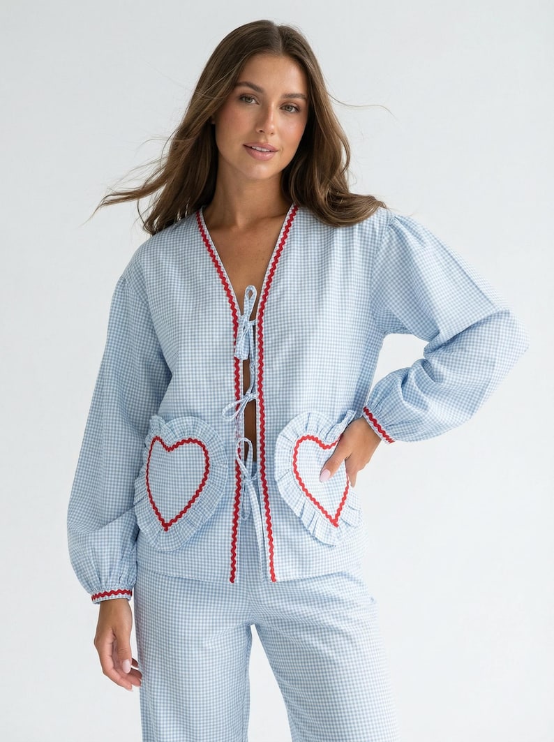 Conjunto de pijama de algodón azul: camisa con pantalón corto o pantalón. imagen 1