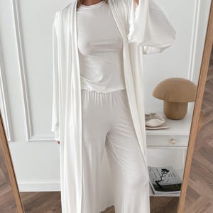 White Pajama Set for Women with Viscose Wide-Leg Pants, T-Shirt and Robe image 3