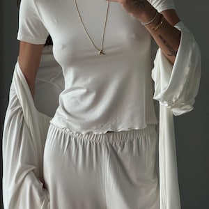 White Pajama Set for Women with Viscose Wide-Leg Pants, T-Shirt and Robe image 6