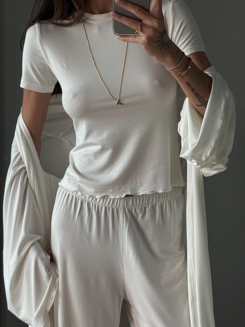 White Pajama Set for Women with Viscose Wide-Leg Pants, T-Shirt and Robe image 6