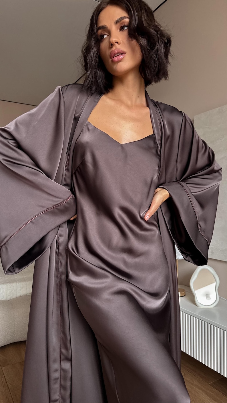 Chocolate Brown Satin Set — Maxi Slip Dress With Long Robe - Etsy