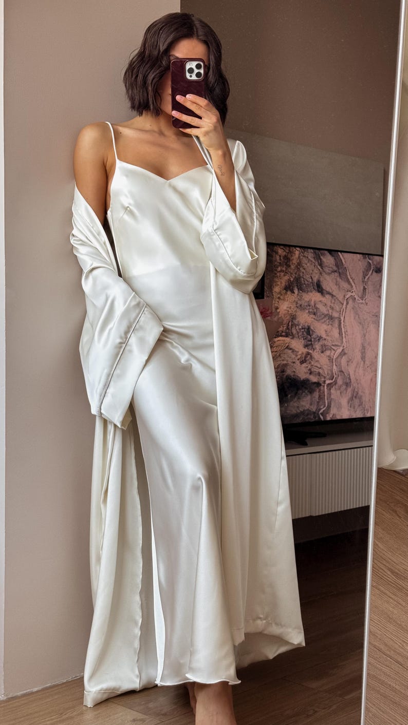 White Satin Dress, Bridal Dressing Gown, Lounge set, Maxi Slip with Long Robe image 19