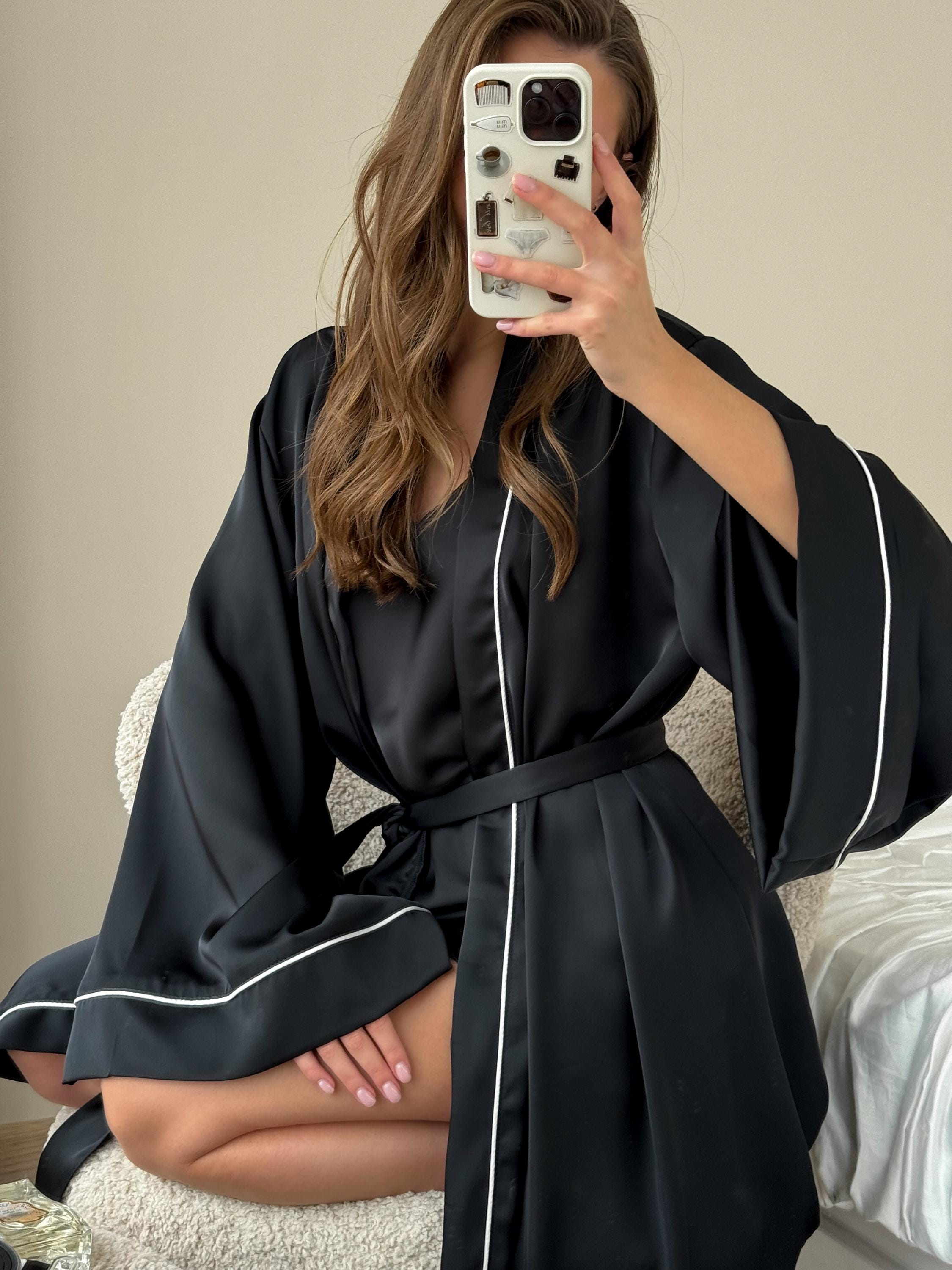 Black Robe Long Kimono Sleepwear, Satin Dressing Gown With Wide