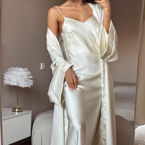White Satin Dress, Bridal Dressing Gown, Lounge set, Maxi Slip with Long Robe image 12