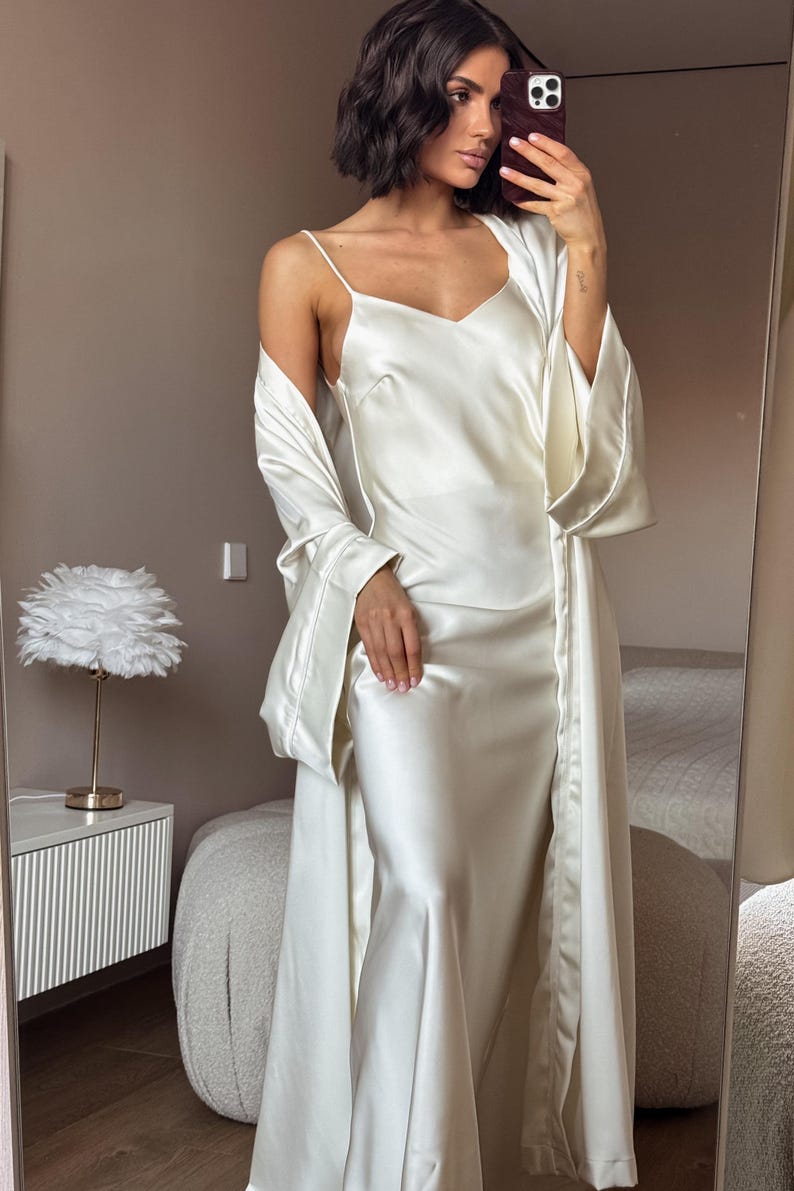 White Satin Dress, Bridal Dressing Gown, Lounge set, Maxi Slip with Long Robe image 12