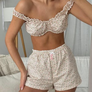 Cotton Pink Floral Sleepwear Set – Ruffle Crop Top & Shorts | Soft Cotton Pajamas | Cute Loungewear Gift for Her | Summer Set