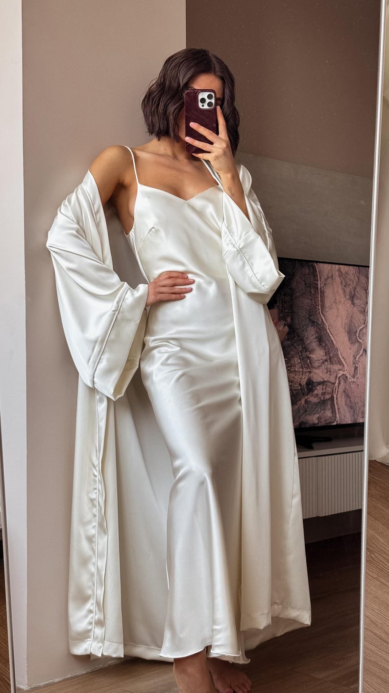 White Satin Dress, Bridal Dressing Gown, Lounge set, Maxi Slip with Long Robe image 5