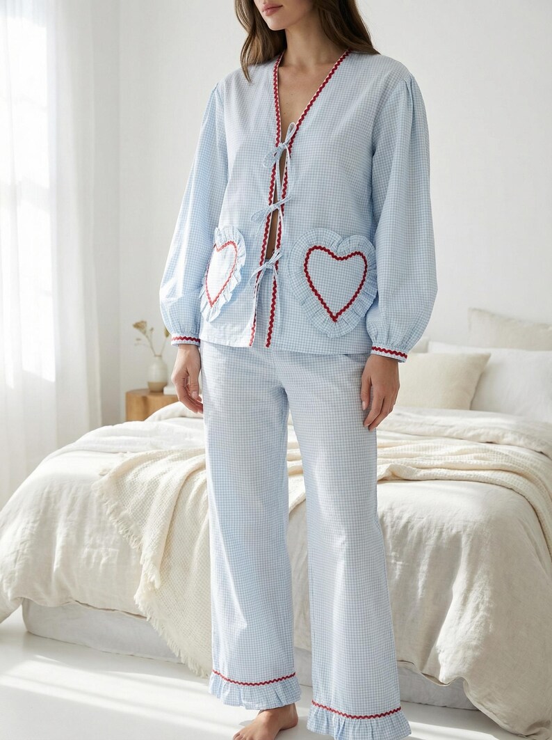 Conjunto de pijama de algodón azul: camisa con pantalón corto o pantalón. imagen 2