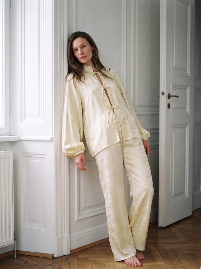 Gold Satin Pajama Set , Two Piece Loungewear for Women, Bridal Sleepwear