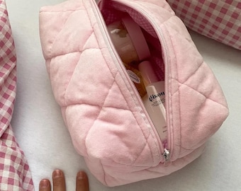 Pink Quilted Velvet Makeup Bag for Skincare & Hair Tools, Cosmetic Organizer, Toiletry Pouch