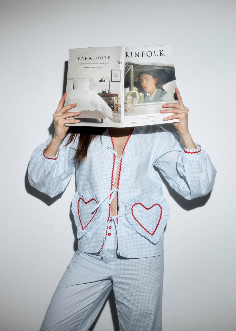 Conjunto de pijama de algodón azul: camisa con pantalón corto o pantalón. imagen 6