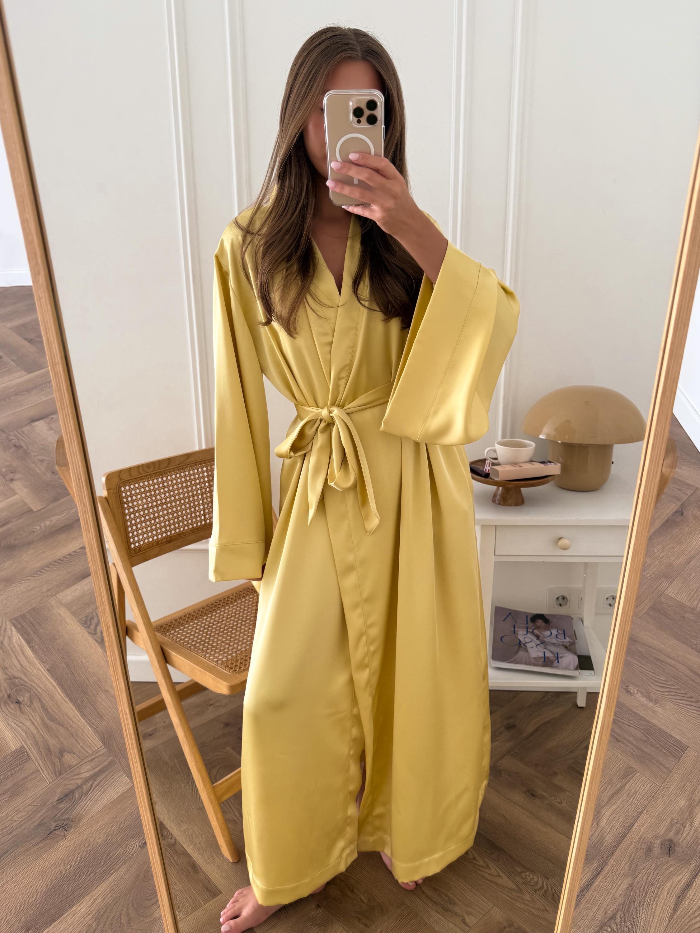 Yellow Silk Robe Yellow Satin Bridal Pajama Set — Robe With Top and Pants - Etsy