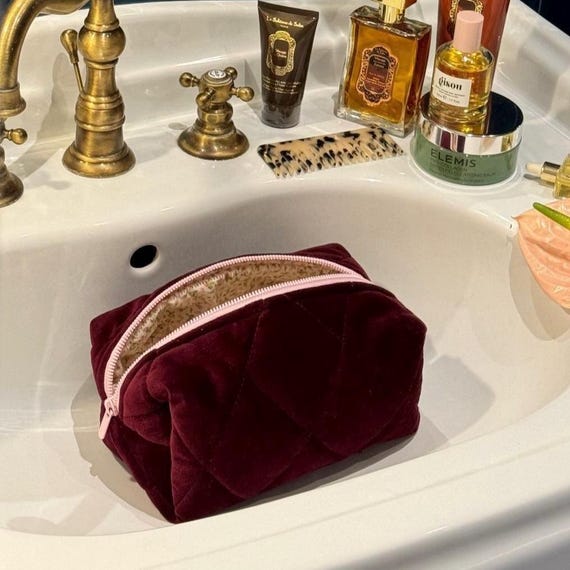 Red Velvet Quilted Makeup Bag — Cosmetic Pouch and Travel Organizer