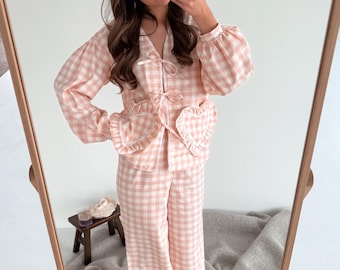 Pink Cotton Pajama Set for Women – Long Pants Sleepwear, Cozy Loungewear