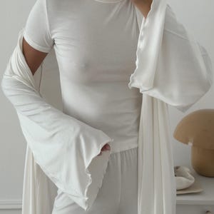 White Pajama Set for Women with Viscose Wide-Leg Pants, T-Shirt and Robe image 2