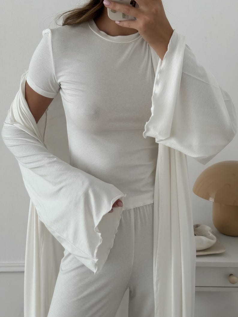 White Pajama Set for Women with Viscose Wide-Leg Pants, T-Shirt and Robe image 2