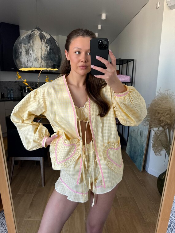Yellow Cotton Pajama Set for Women, Shirt & Shorts, Cozy Sleepwear, Breathable and Lightweight