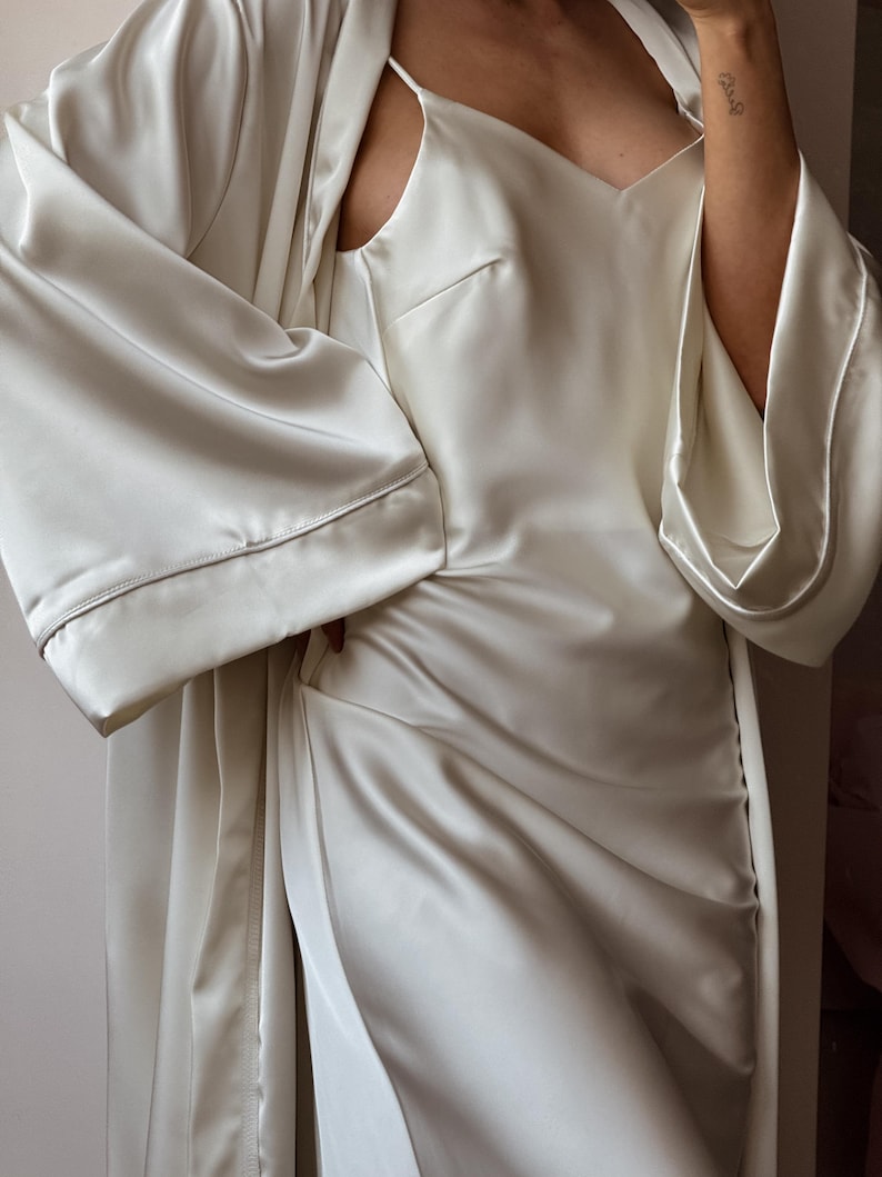 White Satin Dress, Bridal Dressing Gown, Lounge set, Maxi Slip with Long Robe image 3