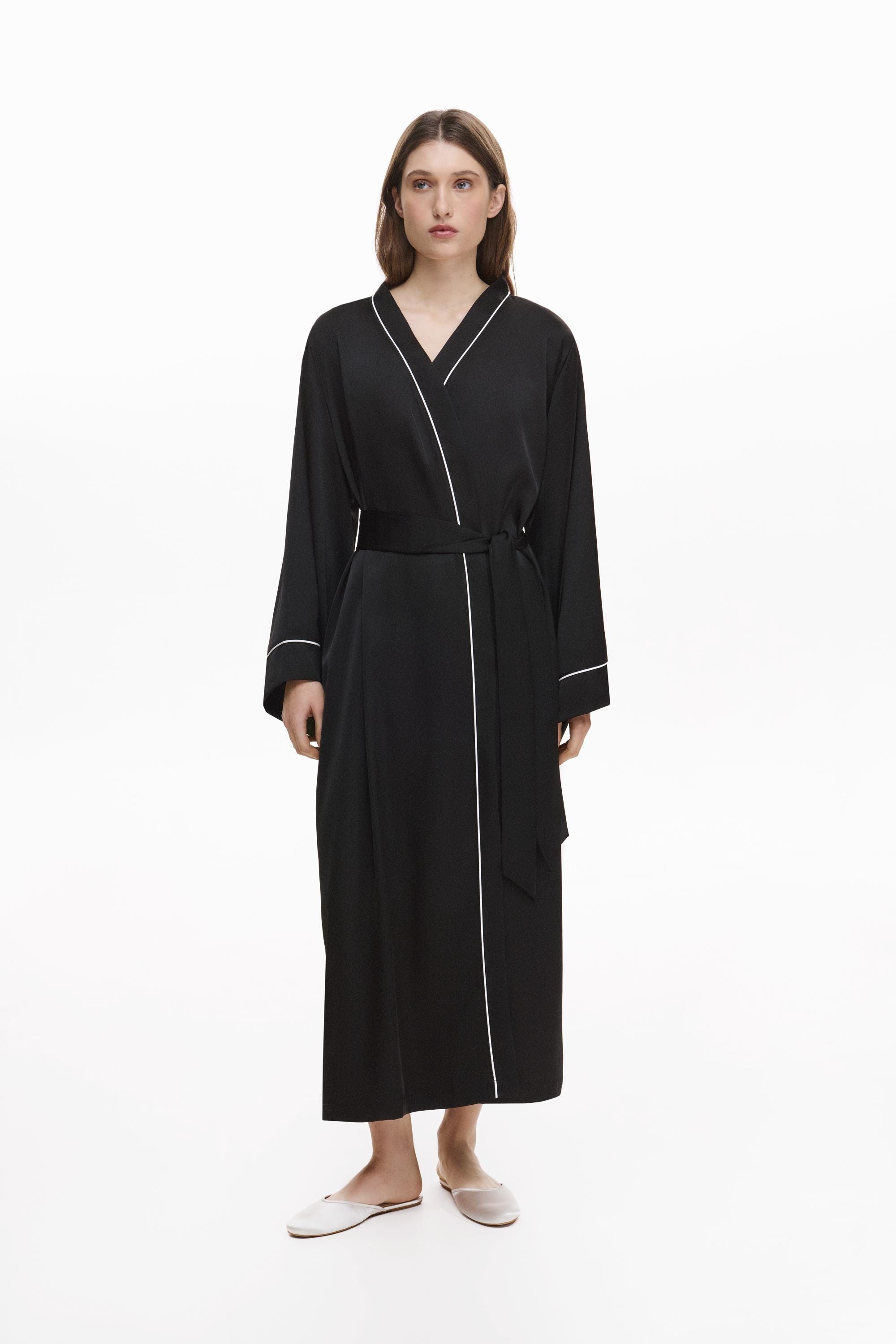 Black Robe Long Kimono Sleepwear, Satin Dressing Gown With Wide