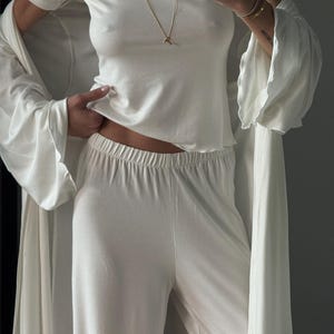 White Pajama Set for Women with Viscose Wide-Leg Pants, T-Shirt and Robe image 11