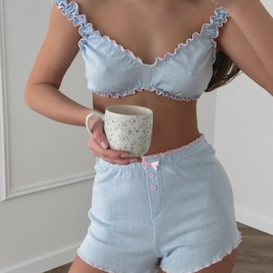 Cotton Pink  Sleepwear Set – Ruffle Crop Top & Shorts | Soft Cotton Pajamas | Cute Loungewear Gift for Her | Summer Set