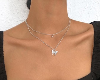 Shiny Silver Butterfly Necklace for Women, Delicate Double-Layer Clavicle Chain