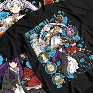 May include: Black t-shirt with a vibrant anime-style illustration of multiple characters, each with unique hairstyles and weapons. The design incorporates blue floral patterns and Japanese text. The words "FRIERE Beyond Journey's End" are printed on the bottom right.