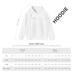 May include: White hoodie with a front pocket, displayed with a size chart. The chart shows measurements in inches and centimeters for width, length, and sleeve length. The text "HOODIE" is visible.