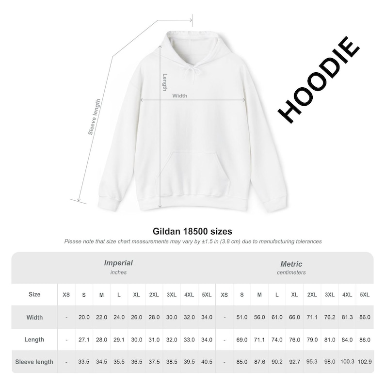 May include: White hoodie with a front pocket, displayed with a size chart. The chart shows measurements in inches and centimeters for width, length, and sleeve length. The text "HOODIE" is visible.