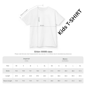 May include: White Kids T-Shirt with size chart. The chart shows measurements in inches and centimeters for Gildan 5000B sizes, including width, length, and sleeve length. Measurements range from XS to XL.
