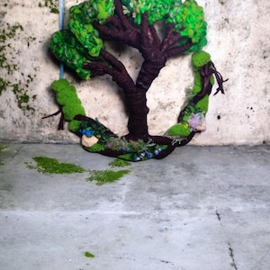 Árbol de la Vida 3D para colgar en la pared: escultura artística de cuero y fibra de lana merino
