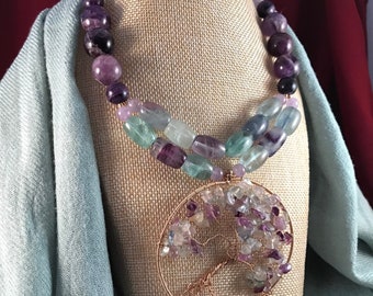 Crown Tree - Powerful Fluorite and Amethyst Tree of Life Statement Necklace