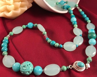 Aqua - A Long Necklace in all Blues and Blue-Green shades of chalcedony, prehnite, fluorite, turquoise, and more