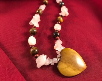 Heart of the Tiger - Multicolored tiger's eye necklace with rose quarts chips and rounds