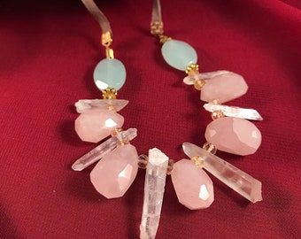 Summer Love - Rose Quartz, Clear Quartz, and Chalcedony with Citrine on Gold and Suede necklace