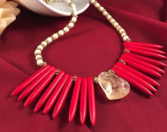 Daystar - Rough Citrine Focal with red spike beads and wood and bone beads with gold necklace