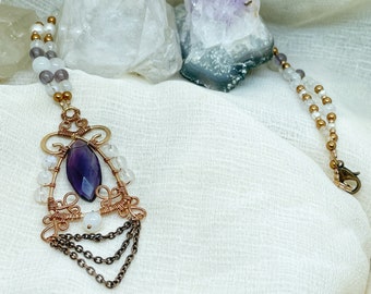 Copper Moonrise - Wire Wrapped Fluorite Gemstone Necklace