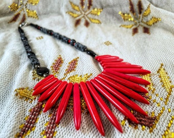 Snow Coral - Snowflake Obsidian, Onyx, Crystal, and Red Spike Fan Necklace